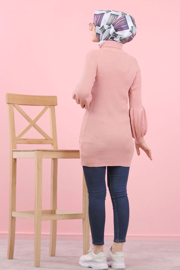 Düz Orta Kadın Pembe Bogazlı Triko Tunik   - 8232 PEMBE