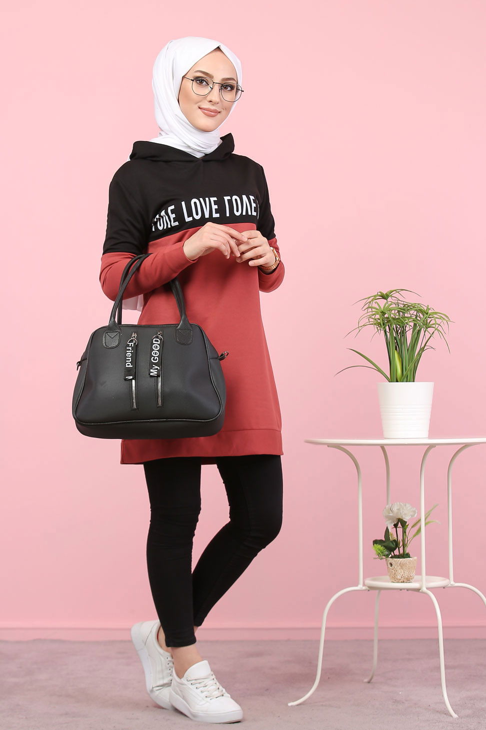 Düz Orta Kadın Pembe Baskılı Tunik Haki  - 7789 PEMBE