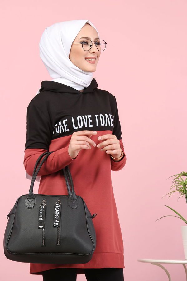 Düz Orta Kadın Pembe Baskılı Tunik Haki  - 7789 PEMBE