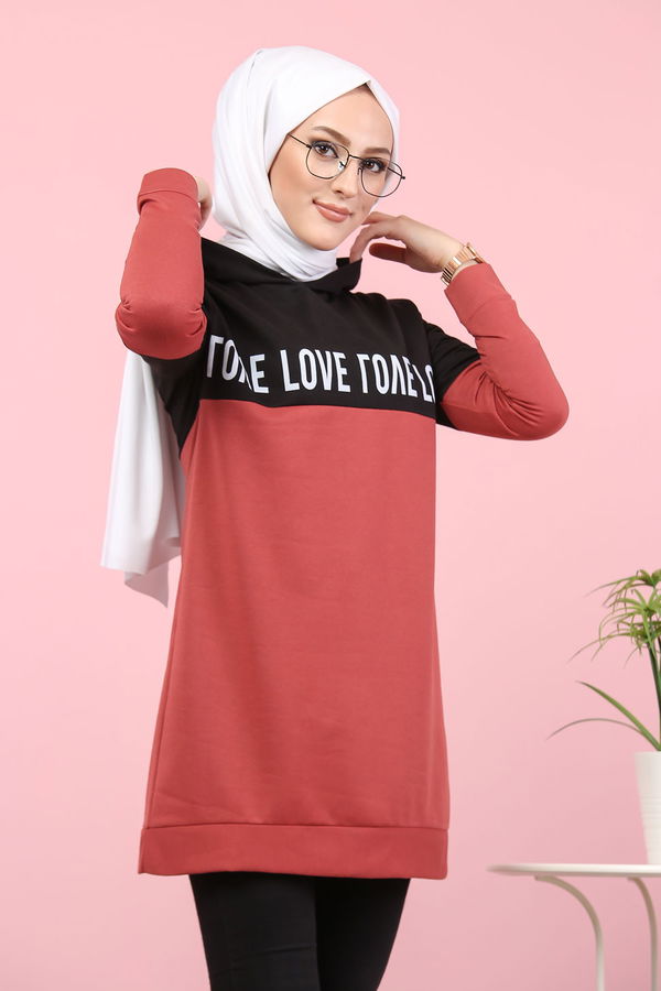 Düz Orta Kadın Pembe Baskılı Tunik Haki  - 7789 PEMBE