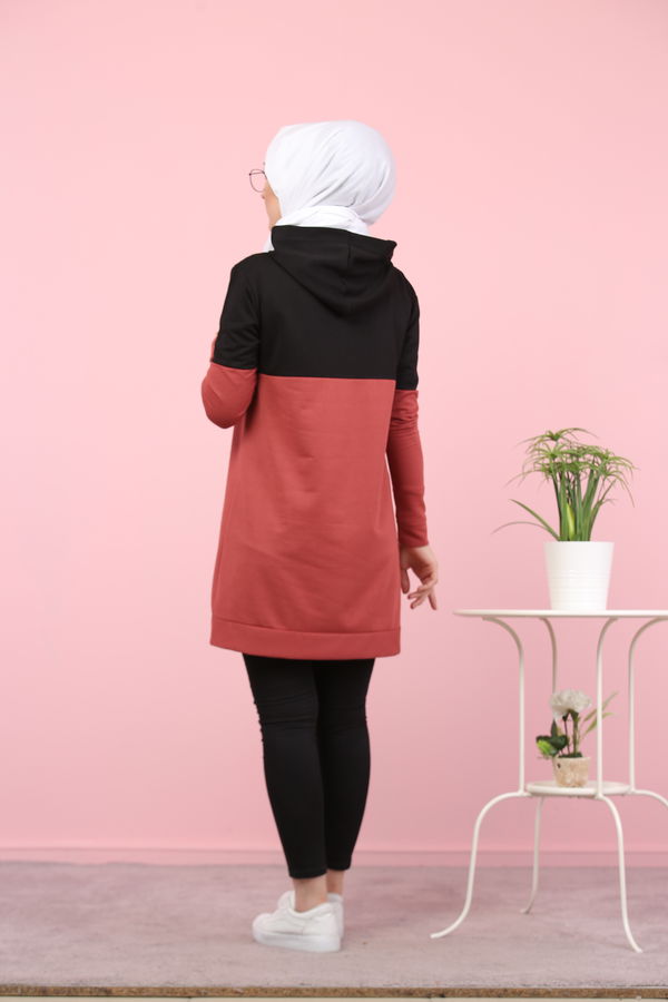 Düz Orta Kadın Pembe Baskılı Tunik Haki  - 7789 PEMBE