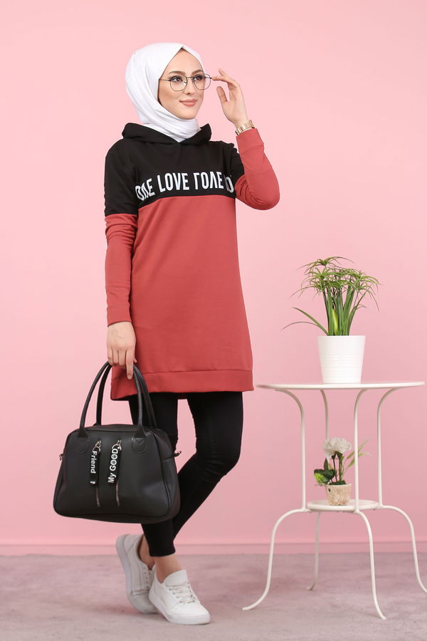 Düz Orta Kadın Pembe Baskılı Tunik Haki  - 7789 PEMBE