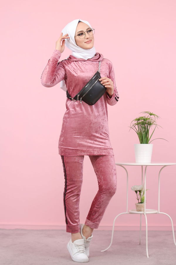 Düz Orta Kadın Pembe Kadife Tunik Pantolon Siyah  - 8187