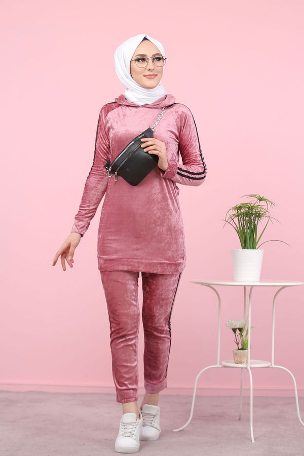 Düz Orta Kadın Pembe Kadife Tunik Pantolon Siyah  - 8187
