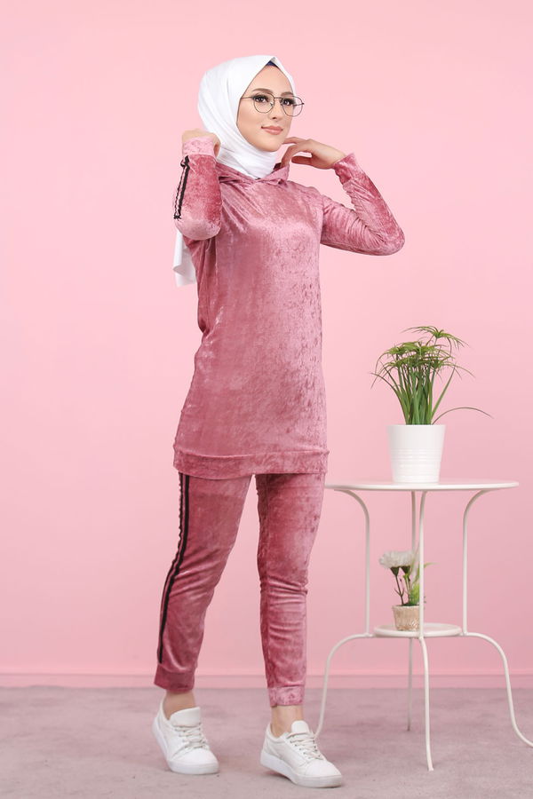 Düz Orta Kadın Pembe Kadife Tunik Pantolon Siyah  - 8187