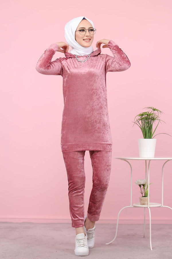 Düz Orta Kadın Pembe Kadife Tunik Pantolon Siyah  - 8187