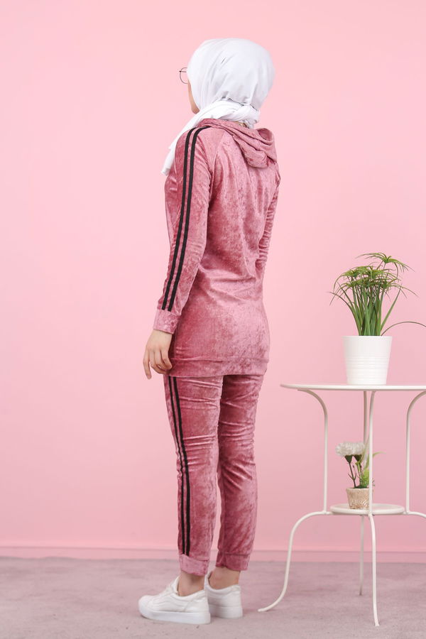 Düz Orta Kadın Pembe Kadife Tunik Pantolon Siyah  - 8187