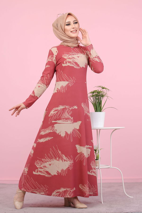 Düz Bisiklet Yaka Kadın Pembe CICEKLI ELBISE - 3068
