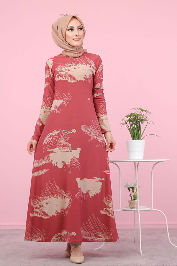Düz Bisiklet Yaka Kadın Pembe CICEKLI ELBISE - 3068