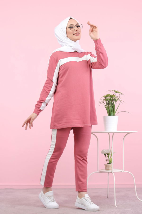 Düz Bisiklet Yaka Kadın Pembe 8399 TUNİK PANTOLON - 8399