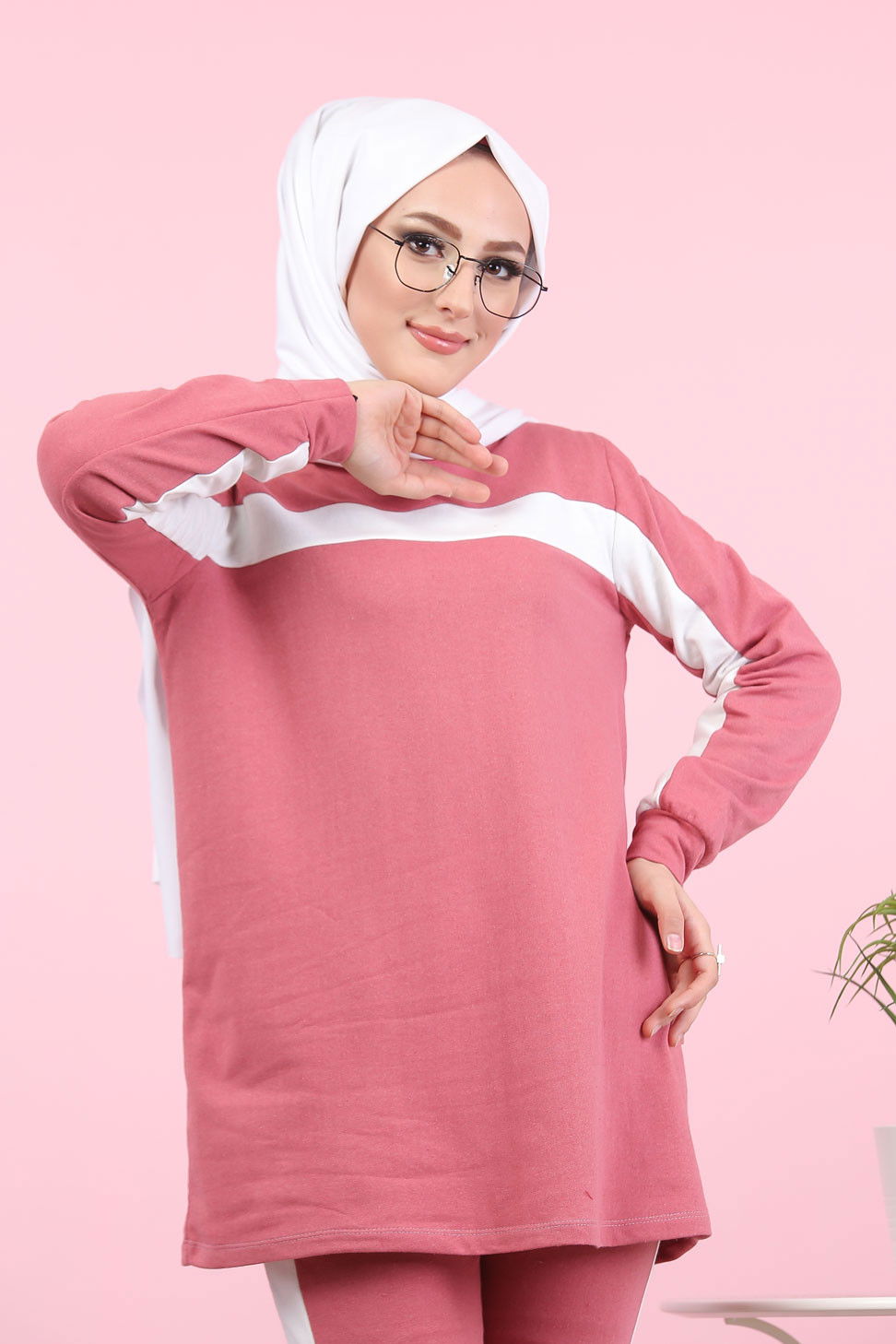 Düz Bisiklet Yaka Kadın Pembe 8399 TUNİK PANTOLON - 8399