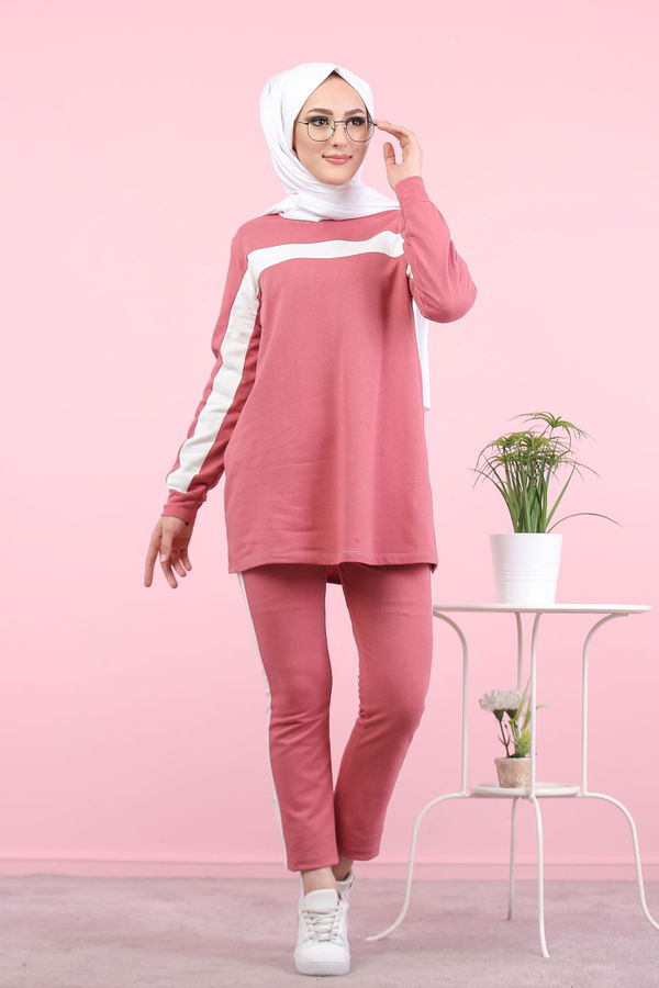 Düz Bisiklet Yaka Kadın Pembe 8399 TUNİK PANTOLON - 8399