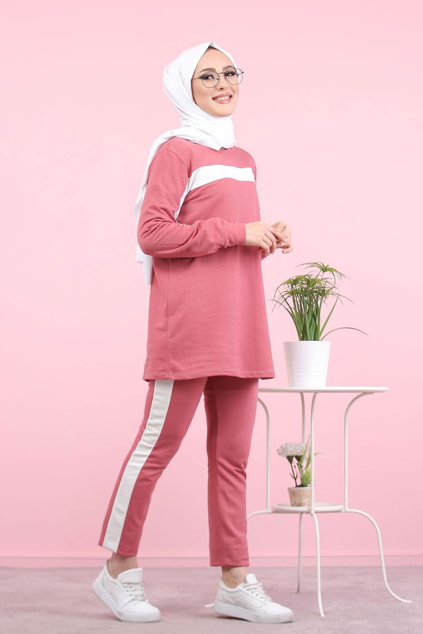Düz Bisiklet Yaka Kadın Pembe 8399 TUNİK PANTOLON - 8399