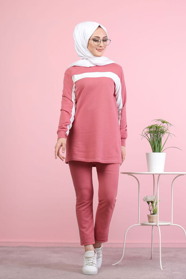 Düz Bisiklet Yaka Kadın Pembe 8399 TUNİK PANTOLON - 8399