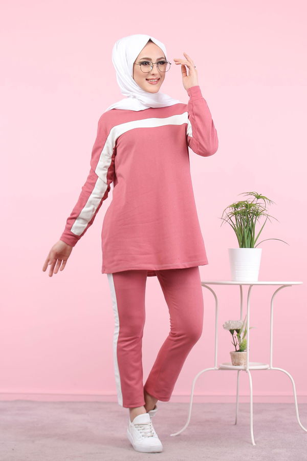 Düz Bisiklet Yaka Kadın Pembe 8399 TUNİK PANTOLON - 8399