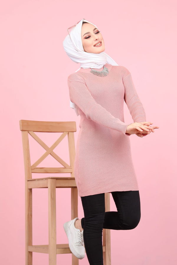Düz Orta Kadın Pembe 8332 BOGAZLI TUNİK - 8332