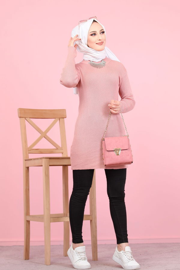 Düz Orta Kadın Pembe 8332 BOGAZLI TUNİK - 8332