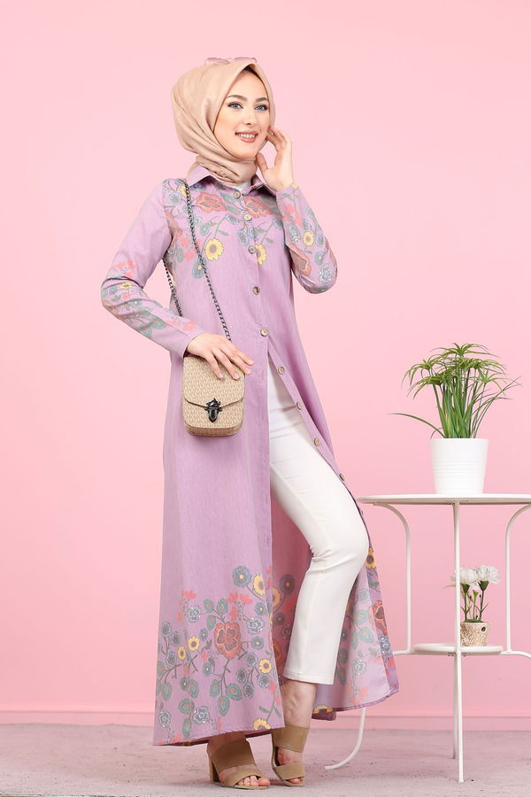 Düz Gömlek Yaka Kadın Pembe 3098 UZUN TUNIK - 3098 PEMBE