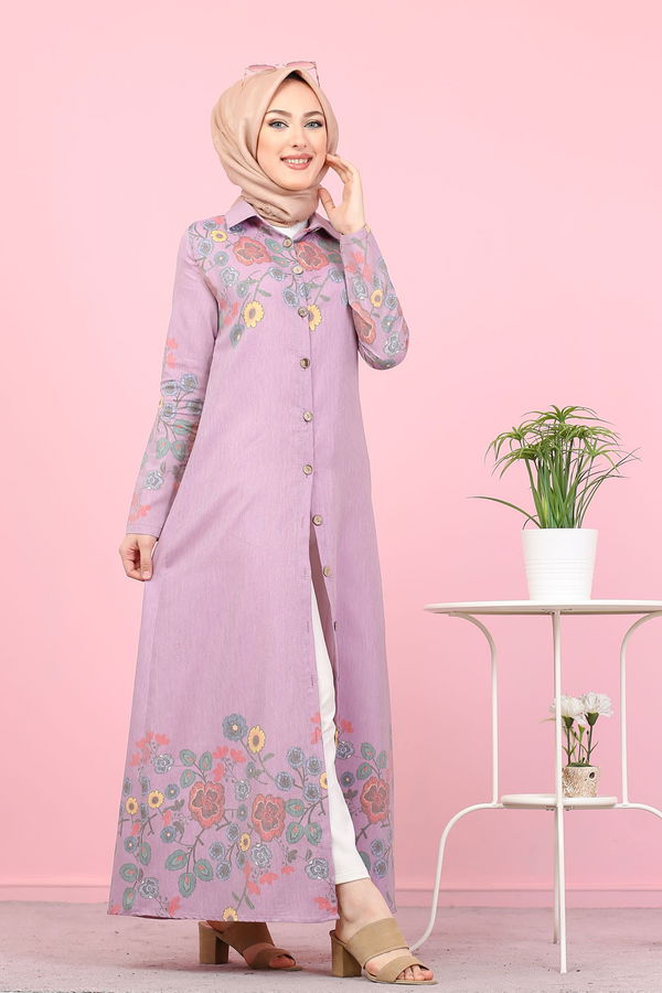 Düz Gömlek Yaka Kadın Pembe 3098 UZUN TUNIK - 3098 PEMBE