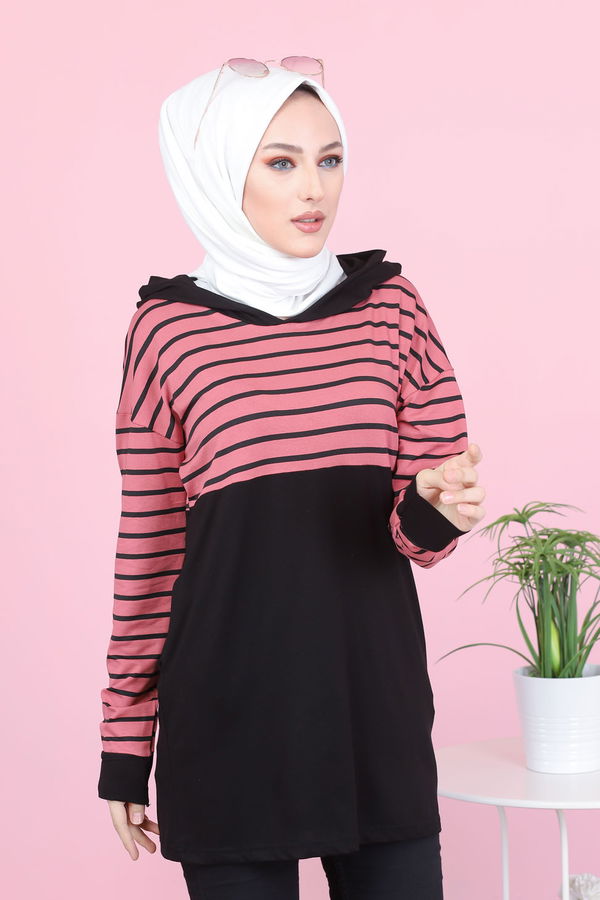 Düz Kapşonlu Yaka Kadın Pembe 5256 TUNİK - 5256 PEMBE