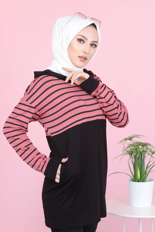 Düz Kapşonlu Yaka Kadın Pembe 5256 TUNİK - 5256 PEMBE