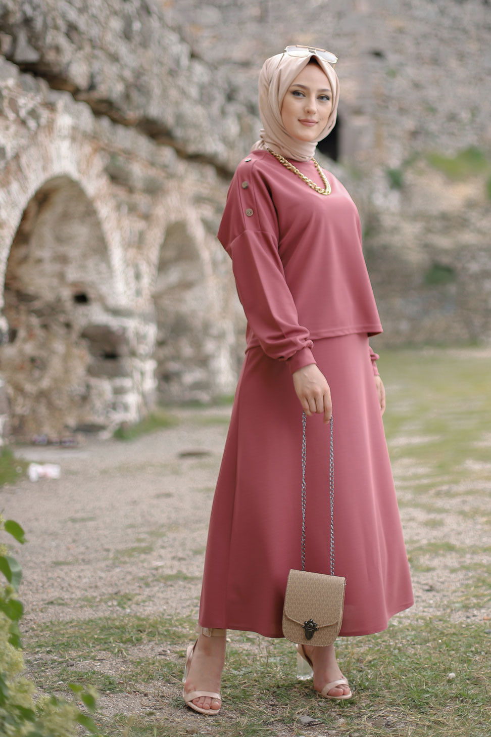 Düz Bisiklet Yaka Kadın Pembe 3120 TUNIK ETEK - 3120