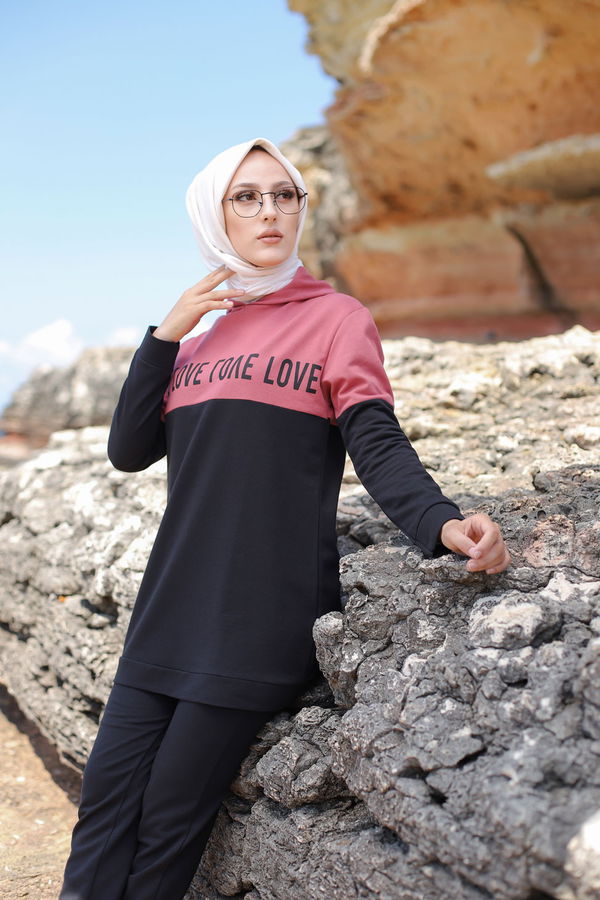 Düz Kapşonlu Yaka Kadın Pembe TUNIK PANTOLON - 8548