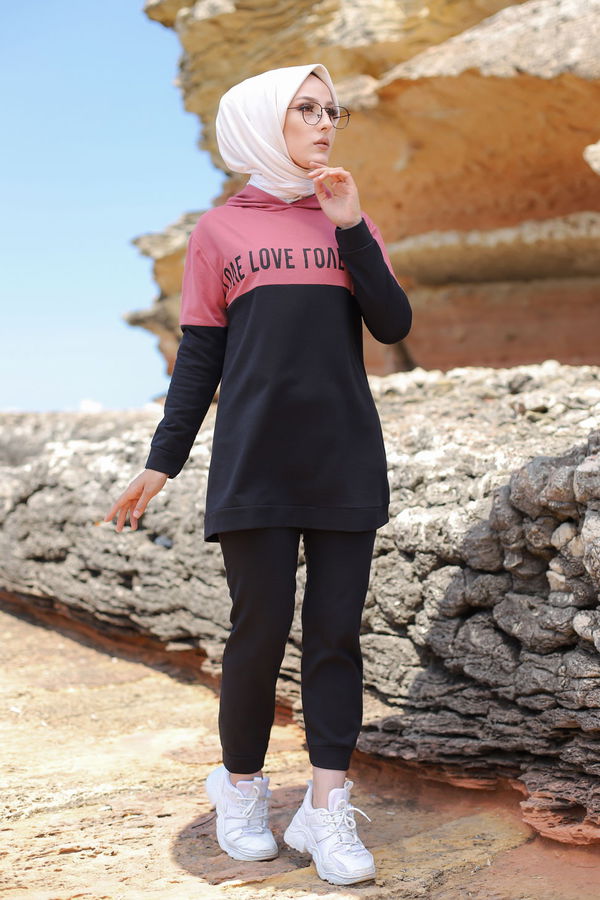 Düz Kapşonlu Yaka Kadın Pembe TUNIK PANTOLON - 8548