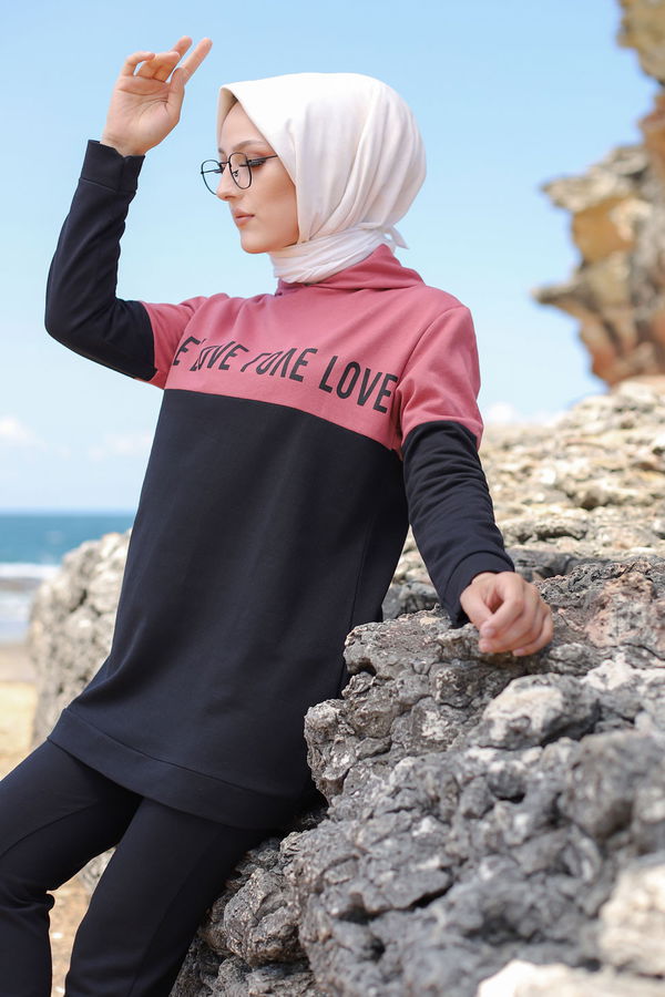 Düz Kapşonlu Yaka Kadın Pembe TUNIK PANTOLON - 8548