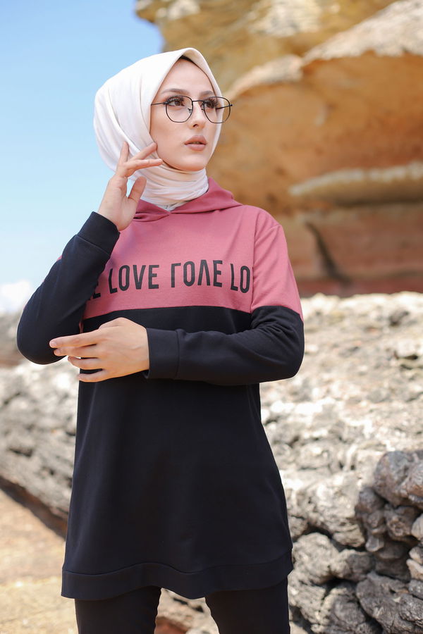Düz Kapşonlu Yaka Kadın Pembe TUNIK PANTOLON - 8548