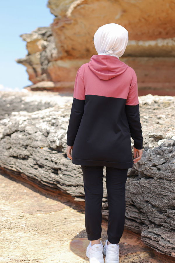 Düz Kapşonlu Yaka Kadın Pembe TUNIK PANTOLON - 8548