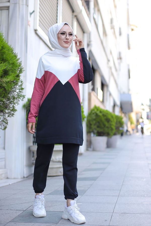 Düz Bisiklet Yaka Kadın Pembe TUNIK PANTOLON - 3057
