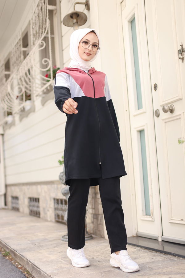 Düz Kapşonlu Yaka Kadın Pembe TUNIK PANTOLON - 4129 PEMBE