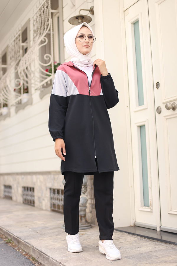 Düz Kapşonlu Yaka Kadın Pembe TUNIK PANTOLON - 4129 PEMBE