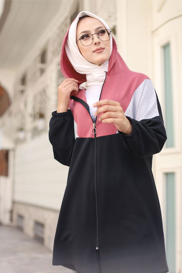 Düz Kapşonlu Yaka Kadın Pembe TUNIK PANTOLON - 4129 PEMBE