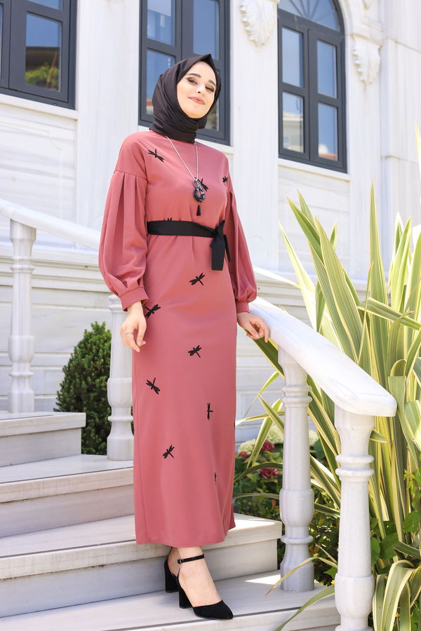 Düz Bisiklet Yaka Kadın Pembe 9023 ELBISE KEMER - 9023