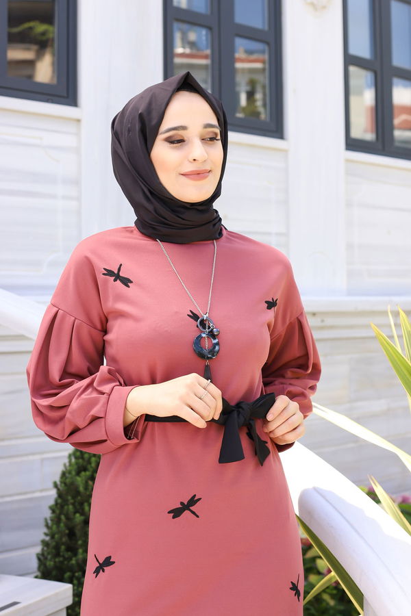 Düz Bisiklet Yaka Kadın Pembe 9023 ELBISE KEMER - 9023