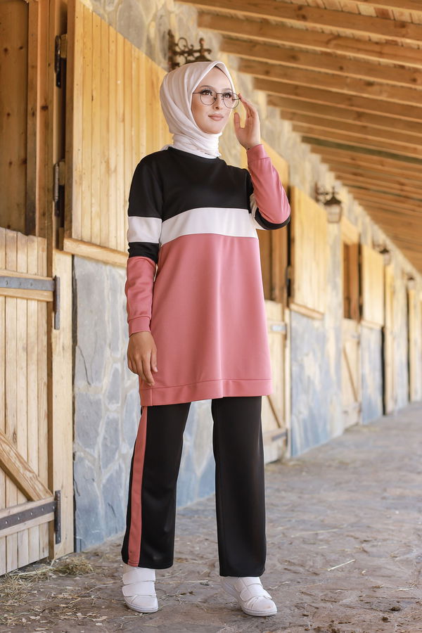 Düz Bisiklet Yaka Kadın Pembe TUNIK PANTOLON - 6570