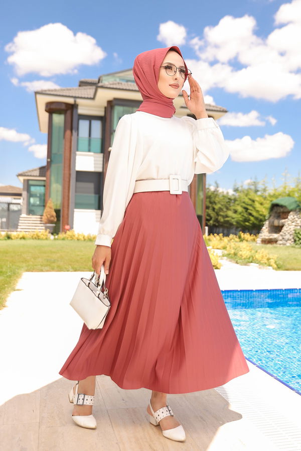 Düz Orta Kadın Pembe PILISELI ETEK - 3219