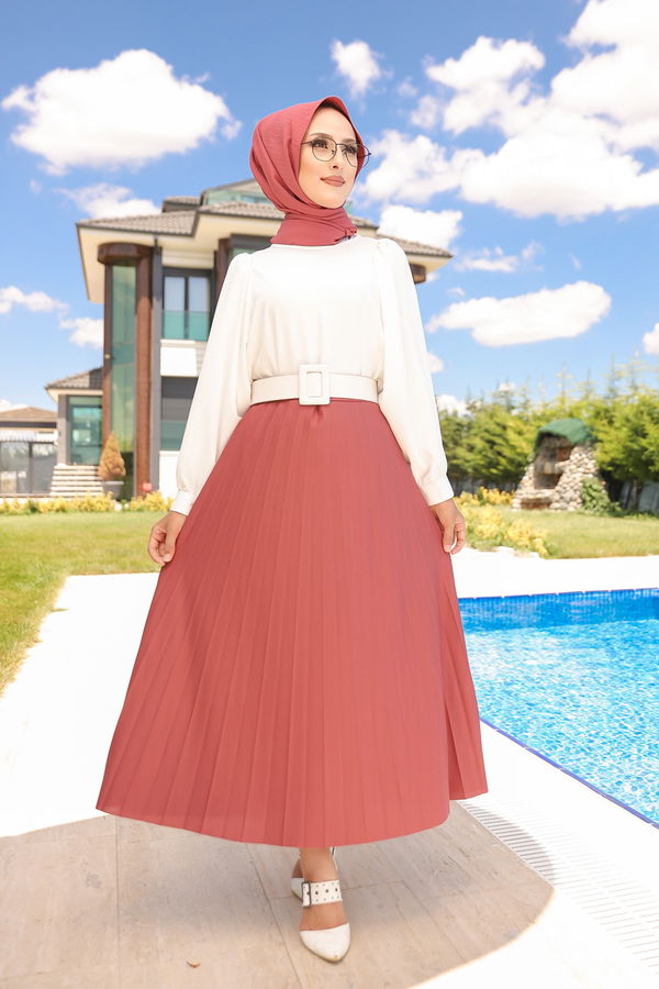 Düz Orta Kadın Pembe PILISELI ETEK - 3219