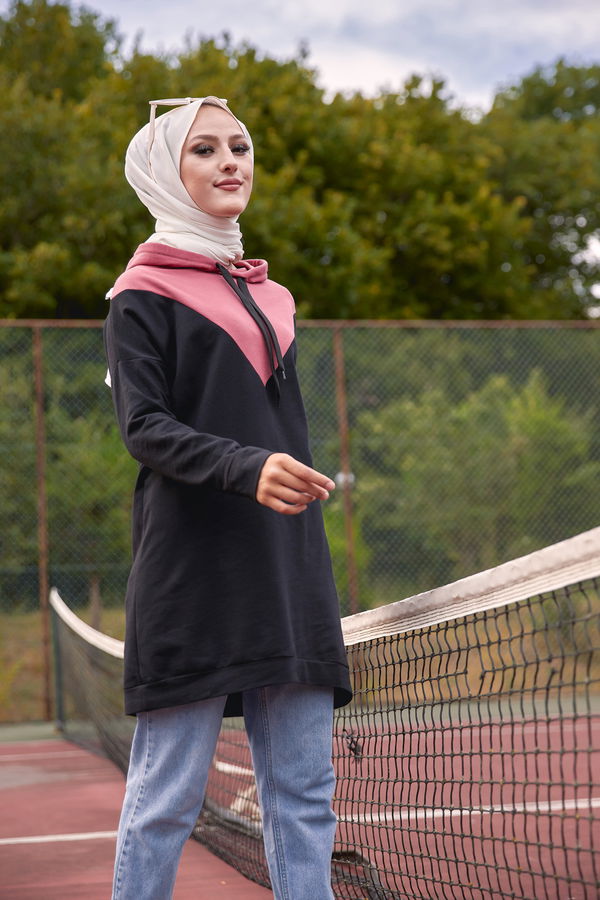 Düz Kapşonlu Yaka Kadın Pembe KAPSONLU TUNIK - 3235