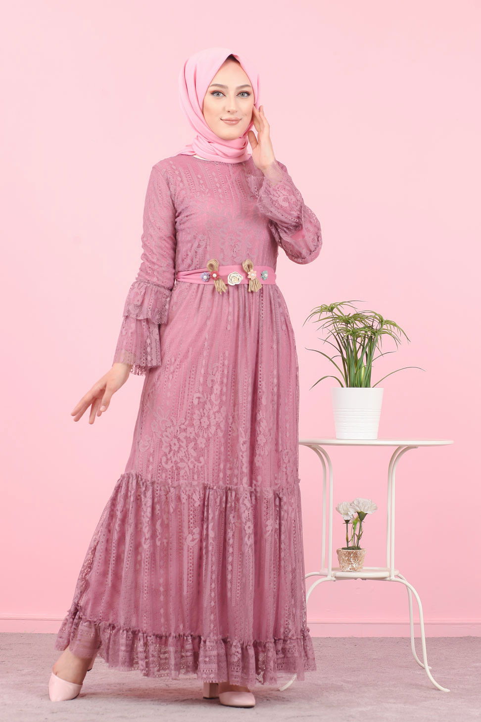 Düz Orta Kadın Pembe 8565 DANTELLI ELBISE - 8565 PEMBE