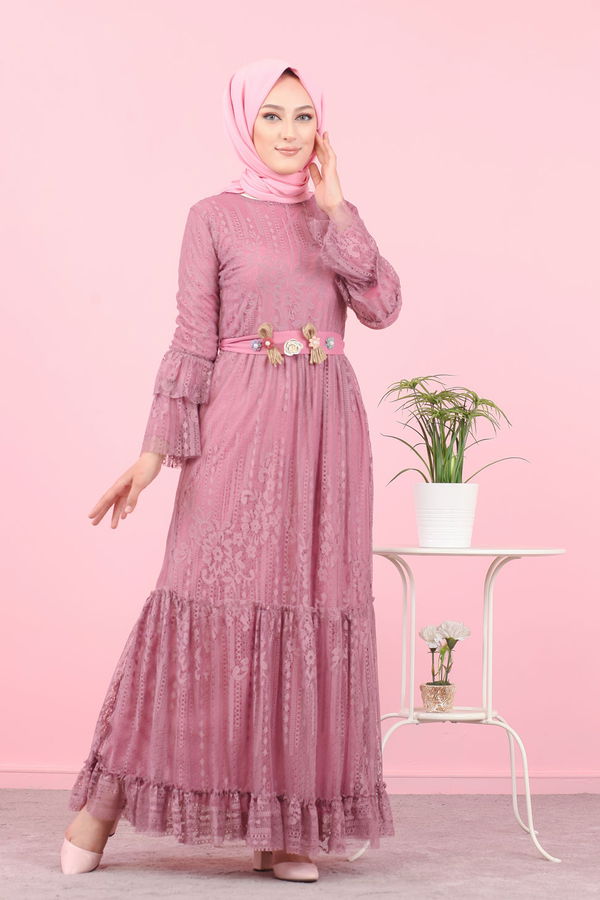 Düz Orta Kadın Pembe 8565 DANTELLI ELBISE - 8565 PEMBE