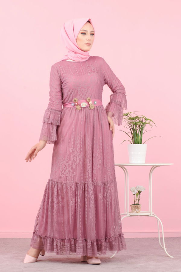 Düz Orta Kadın Pembe 8565 DANTELLI ELBISE - 8565 PEMBE