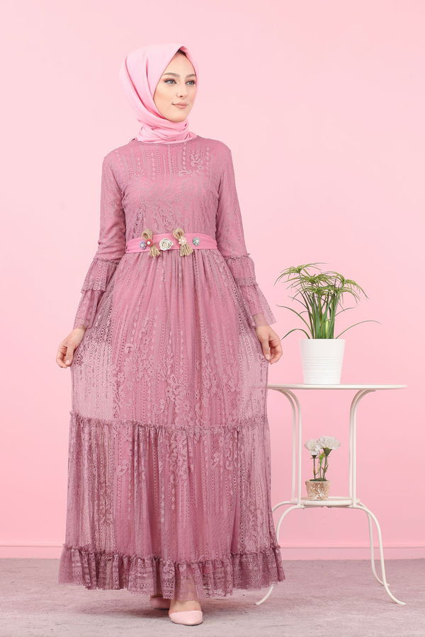 Düz Orta Kadın Pembe 8565 DANTELLI ELBISE - 8565 PEMBE