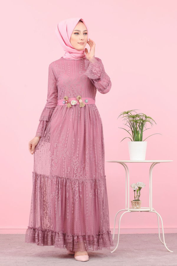 Düz Orta Kadın Pembe 8565 DANTELLI ELBISE - 8565 PEMBE