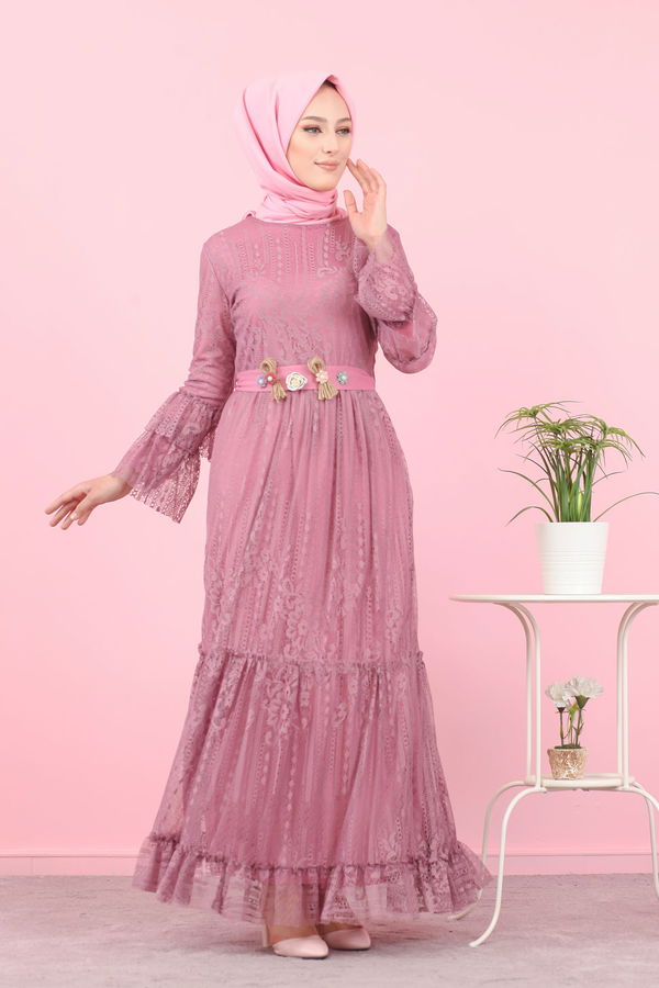 Düz Orta Kadın Pembe 8565 DANTELLI ELBISE - 8565 PEMBE