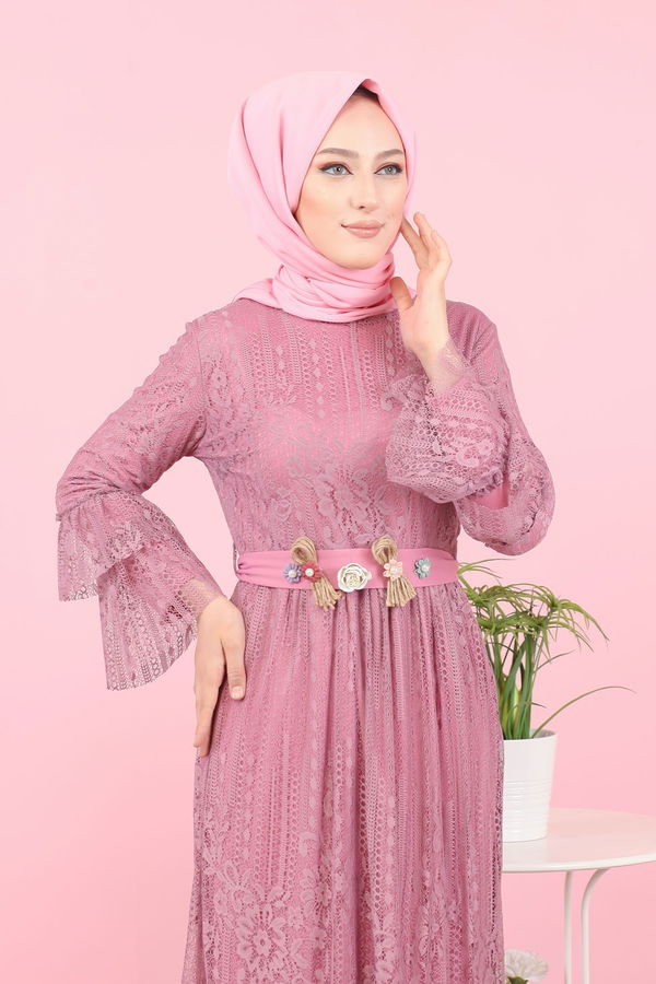 Düz Orta Kadın Pembe 8565 DANTELLI ELBISE - 8565 PEMBE