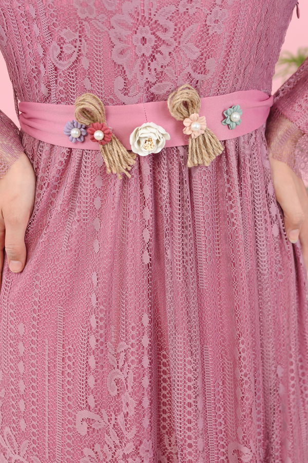 Düz Orta Kadın Pembe 8565 DANTELLI ELBISE - 8565 PEMBE