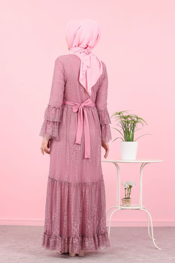 Düz Orta Kadın Pembe 8565 DANTELLI ELBISE - 8565 PEMBE